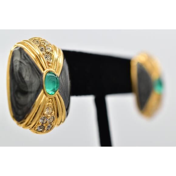 KJL Avon Cabochon Earrings Green Gray Enamel Gold Tone Stud Pierced Signed 9E - Picture 4 of 12